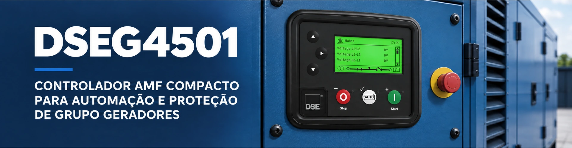 Controlador DSEG4501 instalado no painel de um grupo gerador azul.
