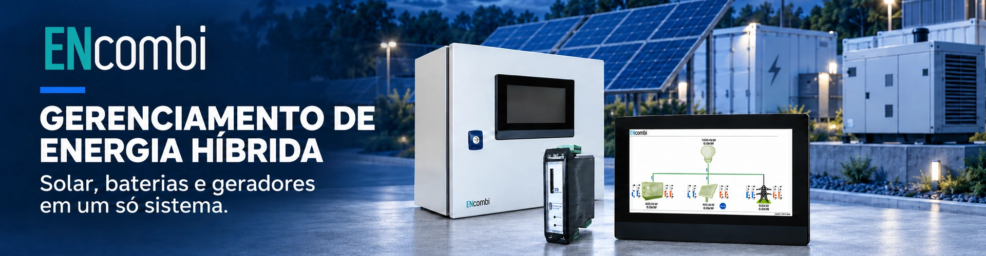 ECcube, ECpanel e ECpvX para gerenciamento de energia híbrida, com painéis solares ao fundo.