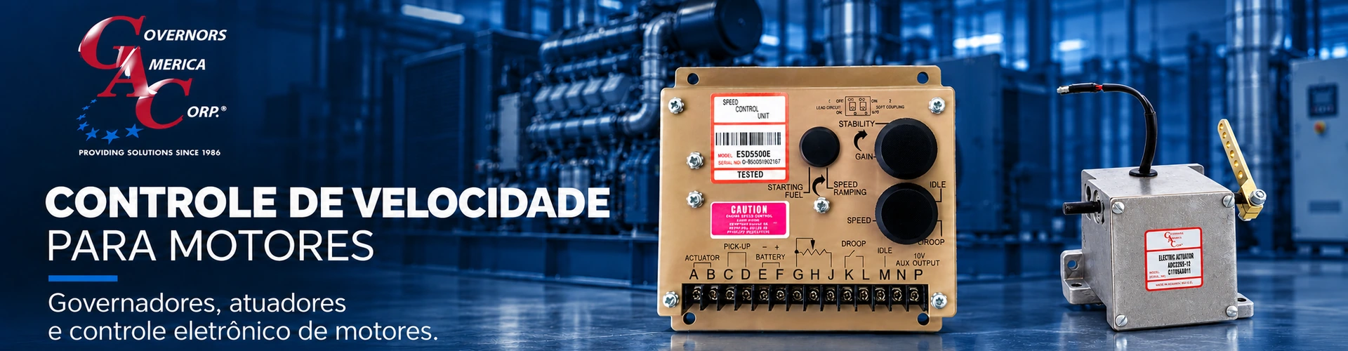 Controlador de velocidade ESD5500E e atuador ADC225S da Governors America Corp. em um cenário industrial azul.